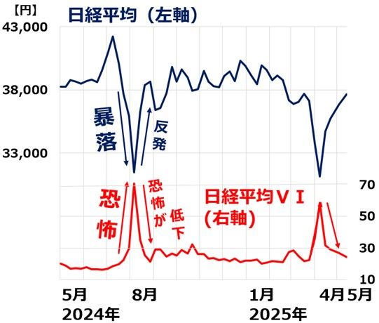 日経平均と日経平均VI:2024年4月30日~2025年5月12日